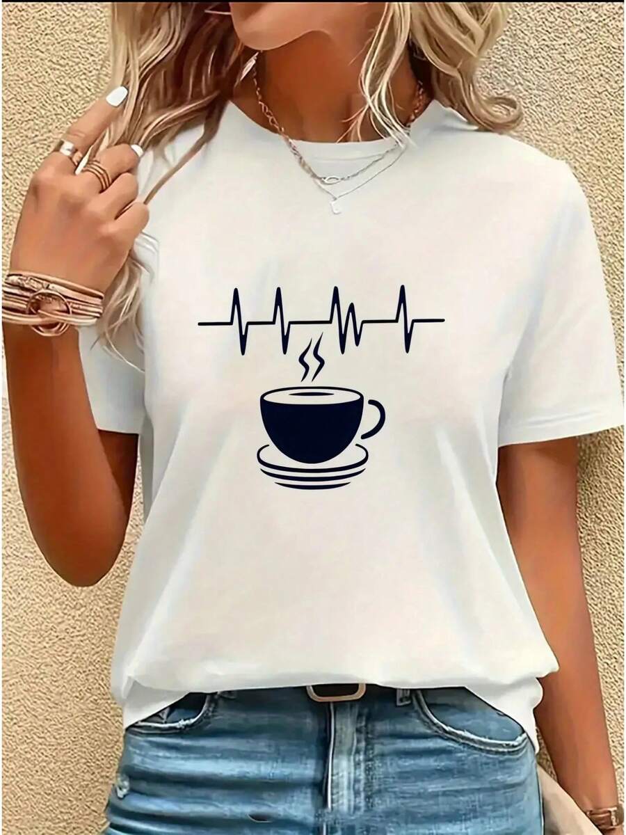 Cozy Comfy Lounge Casual Summer Short Sleeve T-Shirt With Simple Coffee Print, Round Neck, Machine Washable, Comfortable For All Seasons, Women's T-Shirt, Comfortable Clothing, Fun Design, Opaque, Modern Top For Daily Wear, Breathable, Basic Style, New Summer Fashion For Women, Holiday Gift, Soft And Relaxed Home Wear. - 白色 - 查看 1