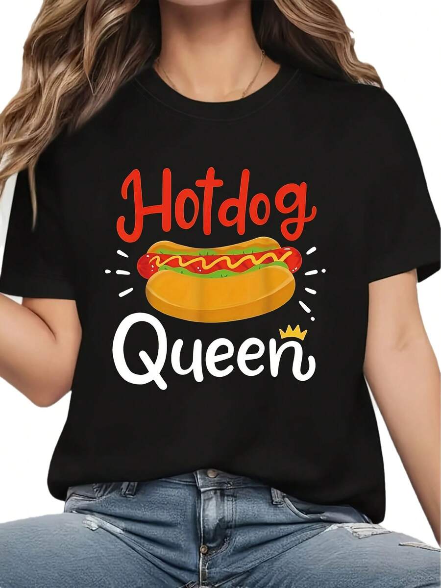 Camiseta Ligera y Transpirable con Estampado de "Hotdog Queen" para Mujer, Manga Corta, Cuello Redondo, Ropa Casual para Salidas Diarias y Reuniones de Comida, Ideal para Combinar en Conjuntos de Primavera y Otoño - Negro - Ver 1