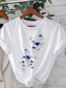 Graphic Print T-Shirt, Short Sleeves And Round Neck, Casual Top For Summer And Spring, Women's Clothing - White - View 6
