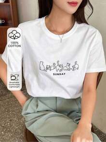 1 Piece Of Women's Clothing, White T-Shirt With Cat Art Print, Unisex, Casual, Round Neck, Lightweight Fine Knit Fabric, Machine Washable, For Spring/Summer/Autumn, Halloween/Christmas/Valentine's Day, 180g, 100% Cotton. - 白色 - 查看 1