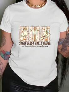 Unisex Short-Sleeved T-Shirt For Women, Bohemian Leopard & Mother Goose Graphic T-Shirt - Short Sleeve Crew Neck Casual Top With Goose Print, Non-Blouse Cut, Suitable For Summer, Spring Casual Wear, Machine Washable, T-Shirts For Men,  Women, Romwe Men, Boho Chic, Teachers Gifts, T-Shirt For Curvy Women's Sets For Mu, Y2k - 白色 - 查看 6