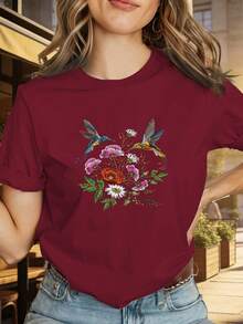 1 camiseta de manga corta con cuello redondo, estampado floral y de aves en negro - Prenda casual y cómoda, adecuada para uso diario, para usar en capas, lavable a máquina - Un elemento esencial del guardarropa tanto para atuendos de oficina como de fin de semana, 100% algodón de 180g. - Blanco - Ver 6