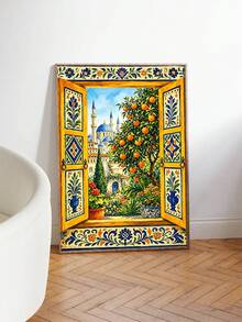 一幅色彩鲜艳的橘树庭院装饰画，窗户敞开；地中海摩洛哥风格蓝色花卉瓷砖图案和蓝色圆顶清真寺风景画；适用于客厅、餐厅、玄关和卧室的墙面装饰；无框 - 抽象 - 查看 2