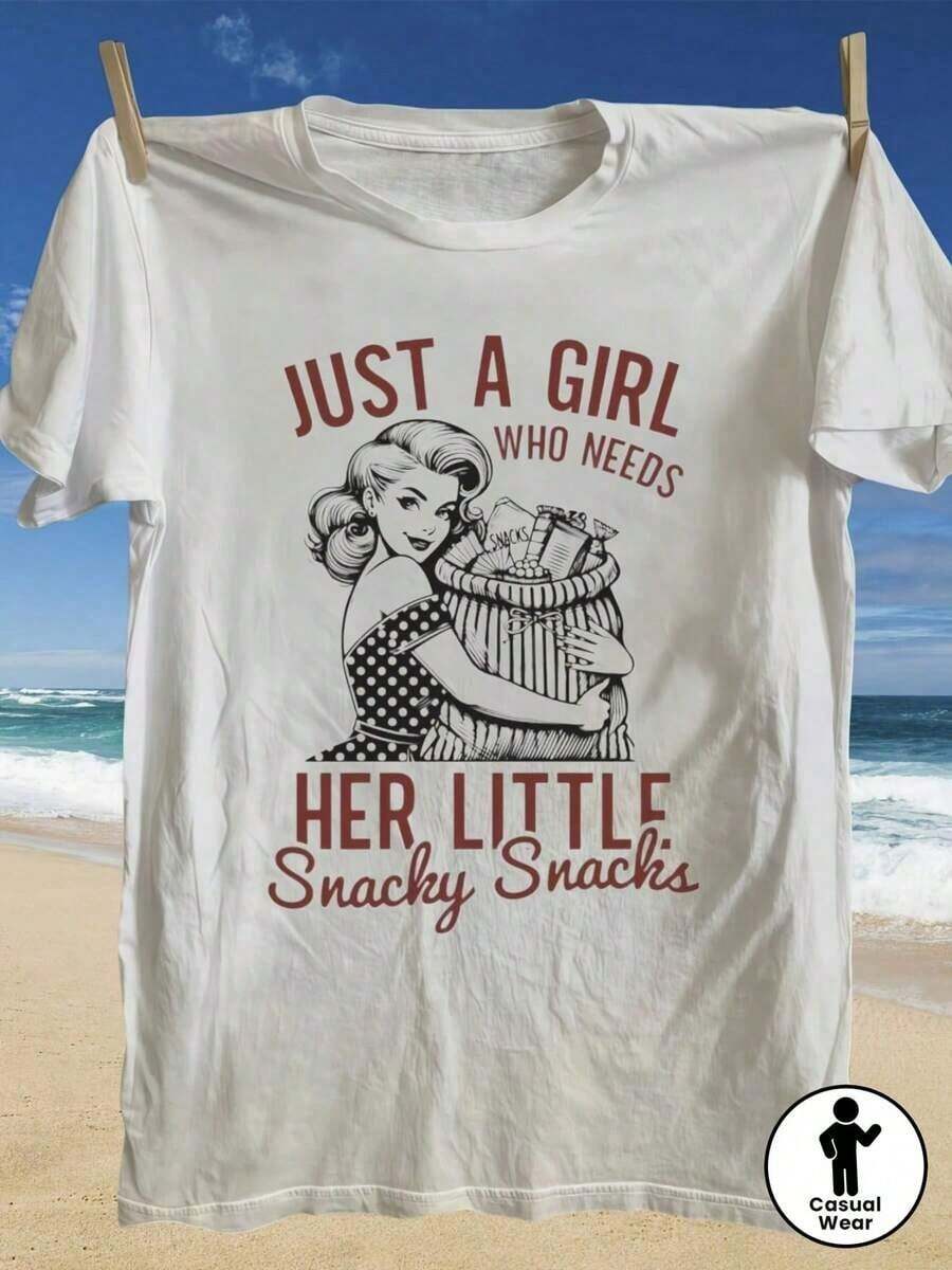1 Piece Vintage T-Shirt "Just A Girl Who Needs Her Little Snacky Snacks" - Retro Style With Round Neck, 100% Pure Cotton, Soft And Comfortable For Daily Wear - Ideal Gift For Friends And Family, Perfect For Casual Outings, Days At The Beach Or Relaxing At Home, 180g 100% Cotton. - 白色 - 查看 1
