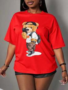 Animal Casual Poliéster Deportivo Oficina Casa - Estilo Vintage Urbano Unisex Camiseta de Manga Corta de Algodón con Cuello Redondo - Rojo - Ver 3