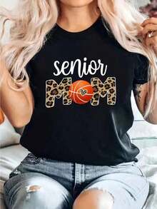 "Proud Mom Of Senior Basketball Player" Print T-Shirt, Casual Crew Neck Short Sleeve T-Shirt, Comfortable For Spring And Summer, Women's Clothing - 黑色 - 查看 1