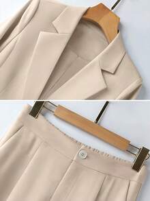 Conjunto de mujer primavera/verano ligero para ir al trabajo con blazer de diseño plisado, manga 3/4, holgado, de un solo pecho, un botón, con bolsillos reales y pantalones largos - Albaricoque - Ver 7