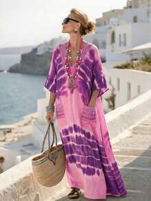 Vestido casual suelto con escote en V, estampado de teñido anudado, con bolsillos grandes, estilo bohemio de verano para vacaciones en la playa para mujeres - Rosa - Ver 4