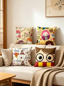 Harry Potter Wizarding World Sofa Cushion Cover, Cute Chibi Character & Icon Print Cushion Cases For Fans,Celebrate Your Love For The Wizarding World With These Adorable Harry Potter Pillow Covers, Featuring Whimsical Chibi-Style Characters And Iconic Symbols From The Series. - Pillowcase - View 9