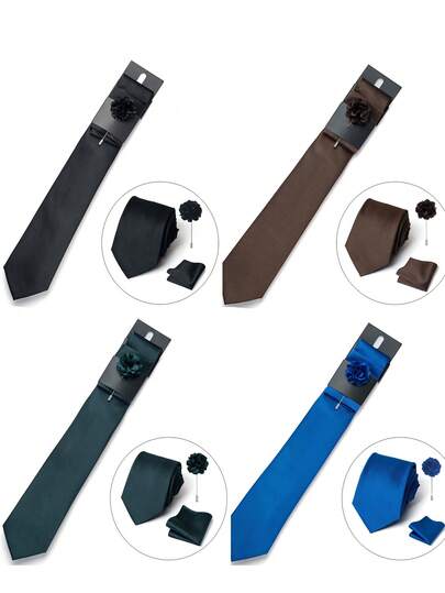 AlanKing Bộ 3 món dành cho nam, gồm cà vạt màu trơn, khăn cài túi áo và hoa cài ve áo, phụ kiện vest cổ điển cho công sở, sự kiện thường ngày và đám cưới.