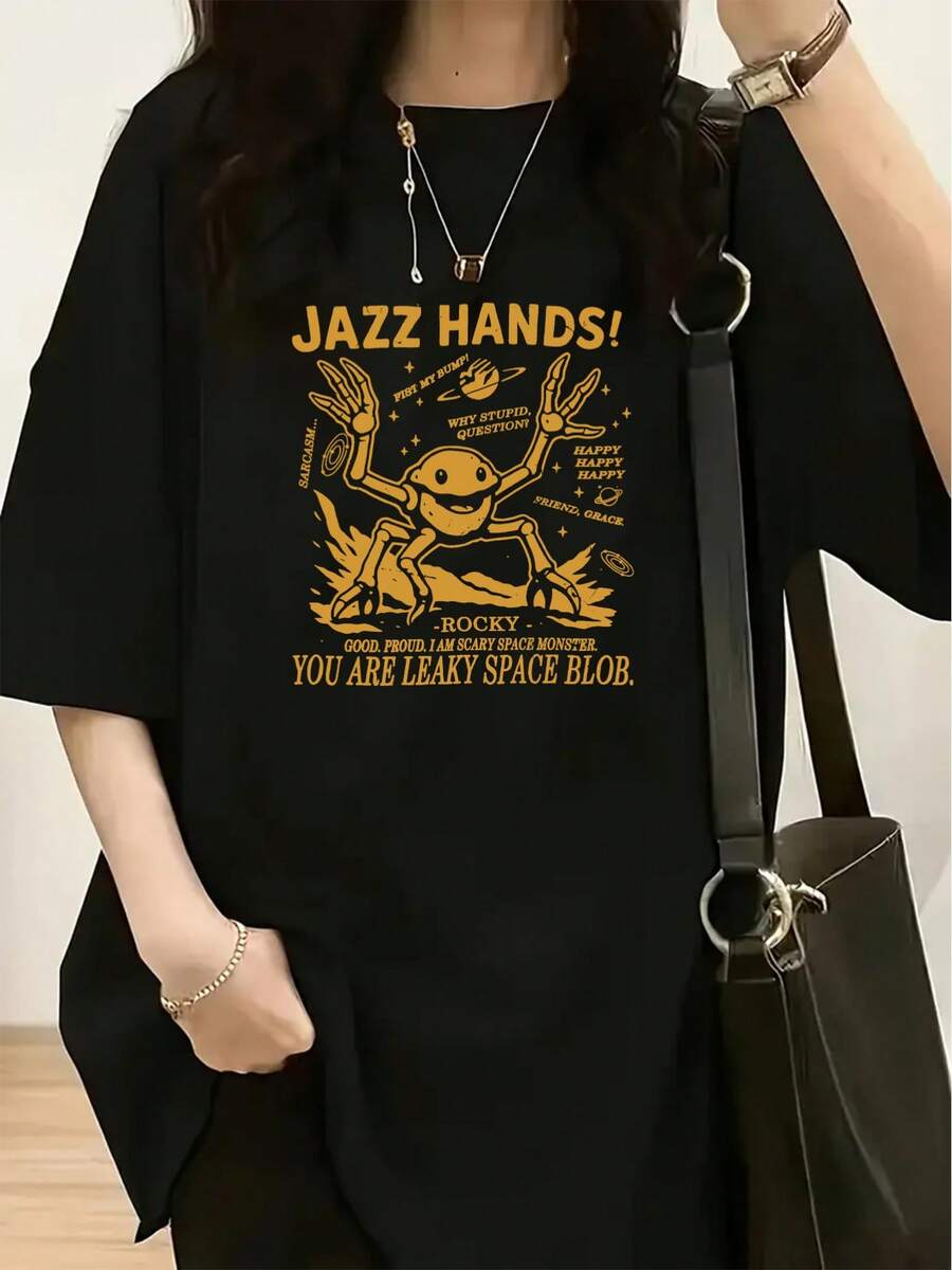 Rocky Themed Print T-Shirt From 'The Redemption Plan' - Women's Casual Short Sleeve Crew Neck T-Shirt, Soft Blend, Loose Fit, Spring And Summer Essential - 黑色 - 查看 1
