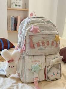Mochila con colgante de peluche de estrella linda, mochila bordada de estilo femenino, mochila de gran capacidad para estudiantes de secundaria/preparatoria - Multicolor - Ver 2