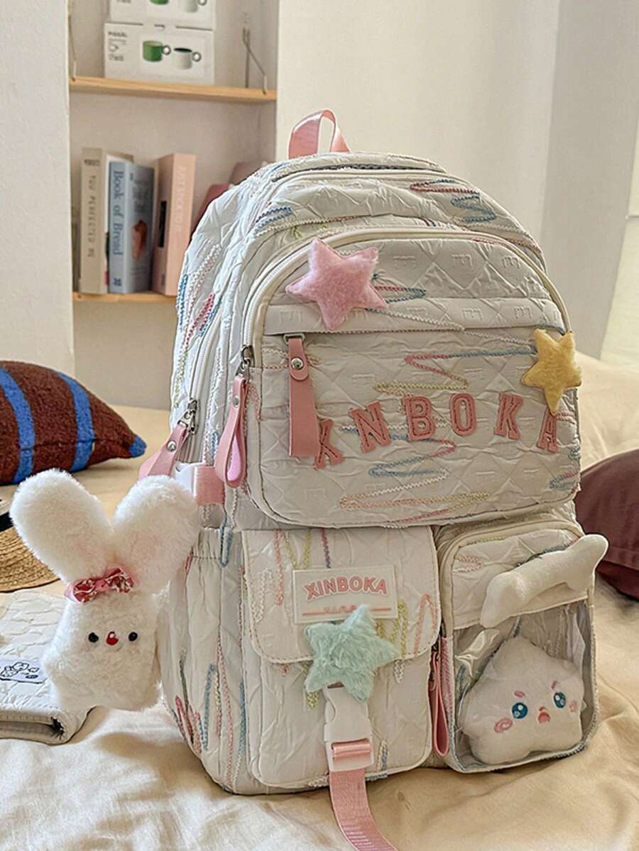Mochila con colgante de peluche de estrella linda, mochila bordada de estilo femenino, mochila de gran capacidad para estudiantes de secundaria/preparatoria