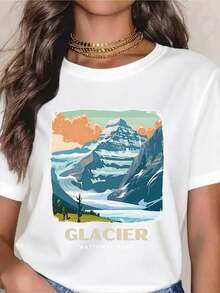 Premium Glacier National Park Women's/Unisex T-Shirt With Mountain Landscape Graphic, For Outdoor Adventures, Travel, Gift, Summer Casual Wear, Gift Idea - 白色 - 查看 1