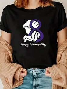 Short-Sleeve Happy Women's Day Letter, Women's Back Pattern Printing Y2K Relaxed Fit Cotton T-Shirt – Soft, Breathable, And Perfectly Weighted For Year-Round Wear Summer T-Shirt For Women100% Cotton100% Cotton - 黑色 - 查看 1