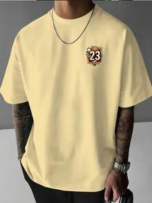 Heavyweight Pure Cotton T-Shirt With A Round Neck, Featuring A Creative Basketball Number And Letter Print On The Front And Back. This  Urban Fashion Item For Men Is Casual And Versatile, Perfect For #Commuting #Leisure #Home #Office - 杏 - 查看 2
