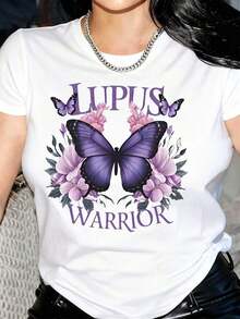 Women's Cotton T-Shirts, Women's T-Shirt With Floral Butterfly And Lupus Design In Purple, Basic Women's Blouses. - 白色 - 查看 6