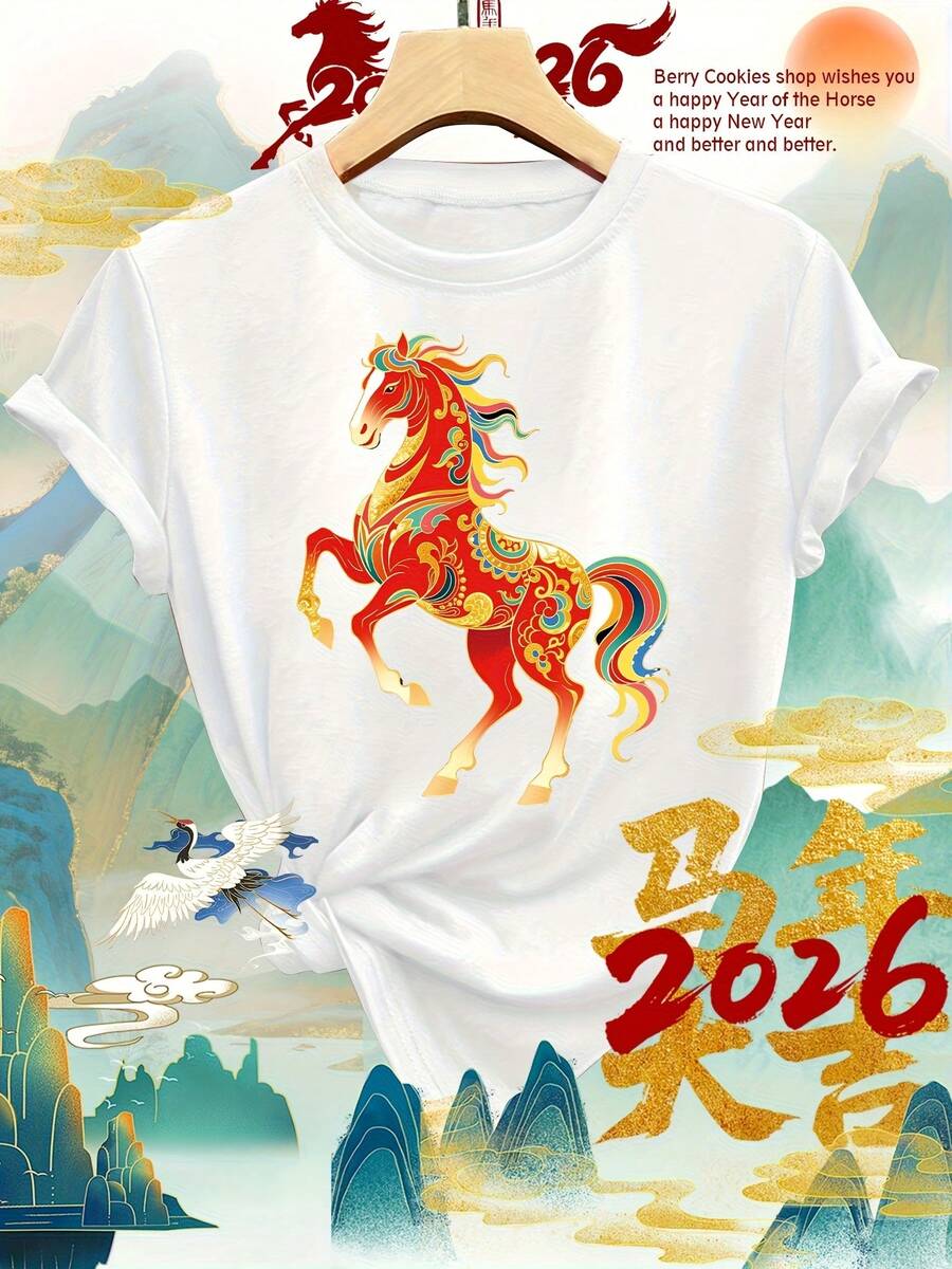 Short Sleeve Top With Round Neck, Soft And Comfortable, New Year's Greeting Style, New Year's Gift, Dancing Horse Body Ornament, Full Color Floral Patterns And Flowing Horse Tail And Mane Print, Modern, Elegant, Casual Sporty Style For Spring, Summer And Autumn For Women - 白色 - 查看 1