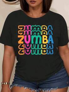 Mexican Women's T-Shirt For Zumba With Colorful Text Print For Fitness, Dance, Workout, Casual Summer Sportswear, Fashionable Summer Cotton T-Shirt - 黑色 - 查看 3