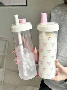 1个粉色蝴蝶结装饰水瓶 500ml-700ml，仿珍珠奶茶风格夏季水杯，便携大容量加粗吸管塑料杯，适合女性和学生，旅行、办公、日常使用、户外露营、购物、家居装饰、家庭必备、女性礼物、母亲节礼物 - 彩色 - 查看 2