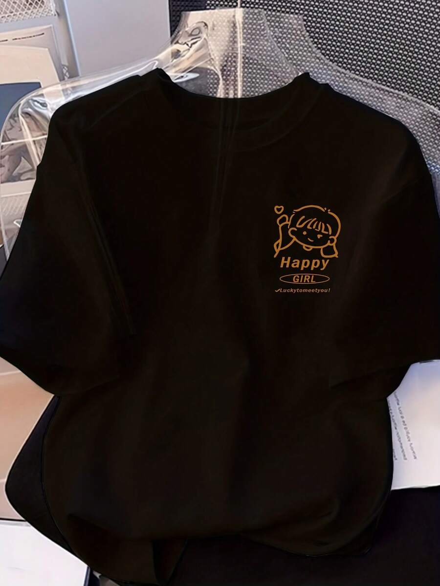 Camiseta de verano de algodón puro, holgada, de cuello redondo, versátil, cómoda y casual para mujer, juvenil y a la moda, blusa de manga corta para uso diario. - Negro - Ver 1