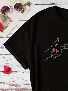 Camiseta deportiva casual suave para mujer, con estampado de corazón, manga corta, cuello redondo, a la moda para verano y primavera, blusas elegantes para mujer. - Negro - Ver 2