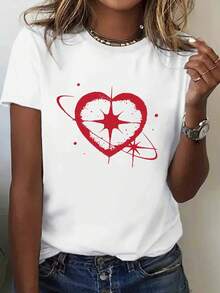 Women's T-Shirt With Creative Red Heart And Square Star Print, Short Sleeve, Round Neck, Casual Summer Style, Women's Clothing - Urban Vintage Style, Unisex, Loose Cotton Short Sleeve Round Neck T-Shirt. - 白色 - 查看 5