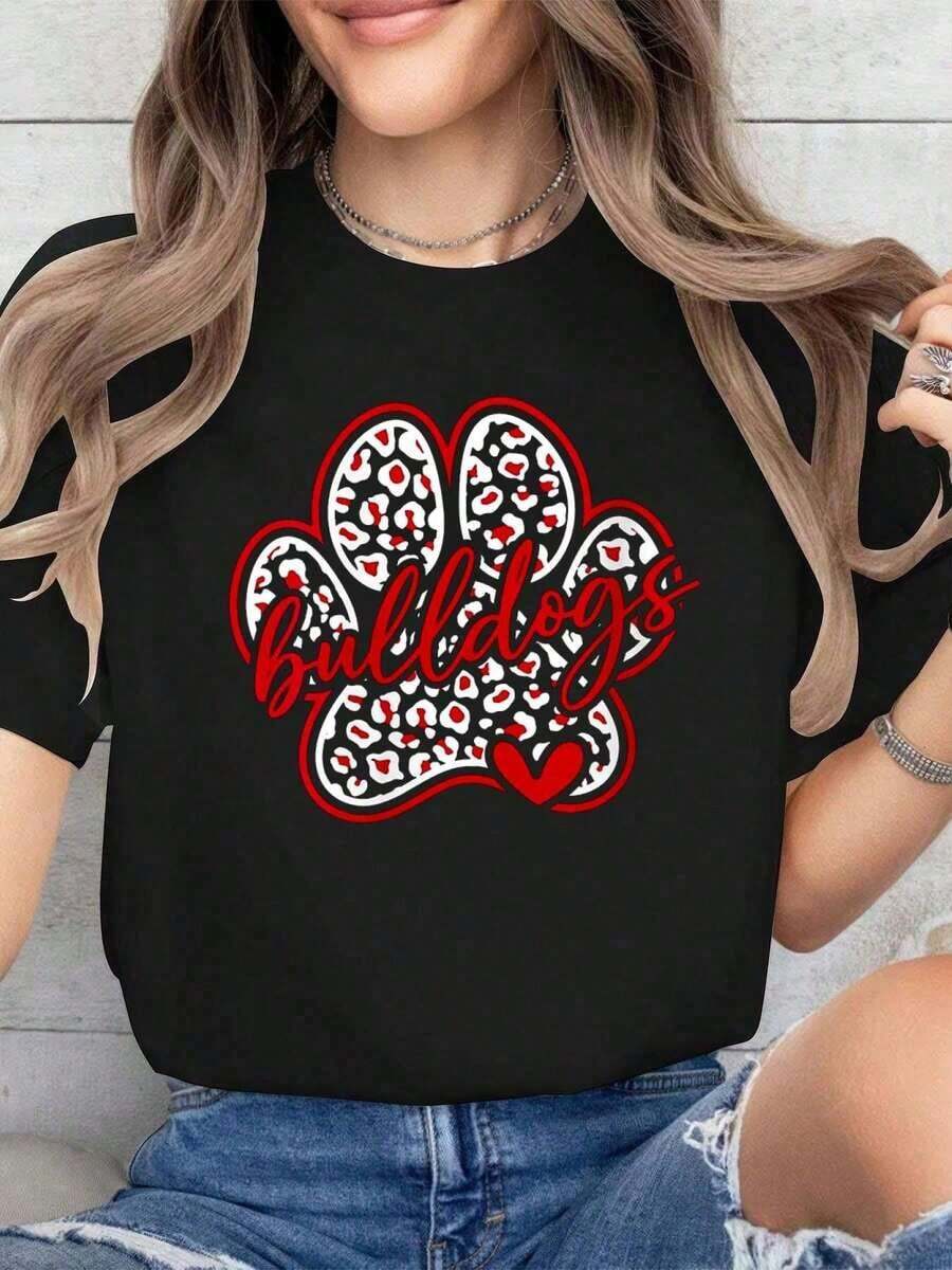 Women's Summer T-Shirt, 100% Cotton, Vintage Style, With Fun Bulldog Go Print, School Spirit, Back To School - 白色 - 查看 1