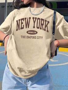 New Summer T-Shirt For Women, Casual Long Sleeve Round Neck T-Shirt - New York, Brooklyn, Empire City Graphic Print, Loose Fit Top In Light Beige For Spring And Summer, Machine Washable, Ladies T-Shirts, Summer Clothes, Soft Fabric T-Shirt. - 杏色 - 查看 6