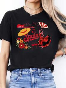 Blusa casual para mujer con estampado de letras en español, camiseta casual de primavera/verano, camiseta deportiva de manga corta con cuello redondo, tops de algodón para mujer. - Negro - Ver 1