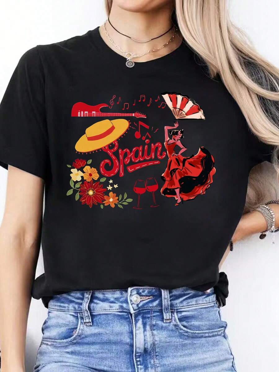 Blusa casual para mujer con estampado de letras en español, camiseta casual de primavera/verano, camiseta deportiva de manga corta con cuello redondo, tops de algodón para mujer. - Negro - Ver 1