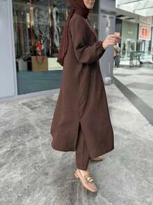 Plus Size Women's Solid Color 2 Pieces Set, Long Button-Up Top Paired With Wide Leg Pants Set - Coffee Brown - View 3
