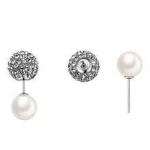 Pendientes de botón de perla y cristal de 10 mm para mujer con clips delanteros y traseros - Diamante negro - Ver 3