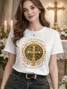 Under The Radar Catholic T-Shirt With Gospel Print, Holy Cross, Casual, Comfortable, Religious Gift, Comfortable Blouse 100% Cotton - Vintage Street Style Unisex Loose Cotton Short Sleeve Crew Neck T-Shirt - 白色 - 查看 1