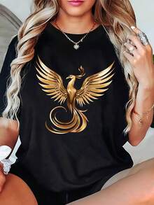 Women's Short Sleeve T-Shirt With Phoenix Print - Casual Round Neck Blouse With Elegant Phoenix, Comfortable And Stretchy Machine Washable Fabric For Everyday Wear And Special Occasions (No-) - Style Suitable For All - 黑色 - 查看 1