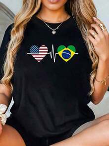 2026 New Cotton Shirt - 100% Cotton - 1 Piece Women's Black T-Shirt With US And Brazil Heartbeat Design - Casual Short Sleeve T-Shirt For Summer And Spring - Perfect For Sports Fans And Patriotic Events - 100% Cotton - Women's Simple Solid Color Shirt, Loose And Casual Short Sleeve - 黑色 - 查看 12