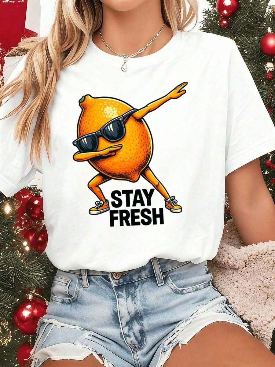100% Cotton. Dabbing Lemon Graphic T-Shirt, Premium Fabric, Crew Neck, Loose Fit, Comfortable, Urban Hip-Hop Style. Women's Simple Solid Color T-Shirt, Loose And Slim Fit Casual Short Sleeve - 白色的 - 查看 1