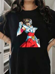 100% Cotton. Women's Saint Seiya T-Shirt With Warrior Design In Armor Pose, Short Sleeve, Round Neck, Casual, Suitable For Spring And Summer, Women's Clothing. Women's Simple Solid Color T-Shirt, Loose And Slim Fit Casual Short Sleeve - 黑色 - 查看 7