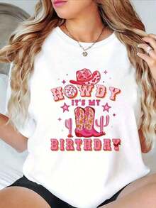 1 Pc Women's Graphic T-Shirt Western Style - HOWDY IT'S MY BIRTHDAY Design With Cowboy Boots And Cactus, With Pink And Red Details, Casual Short Sleeve Round Neck Top For Spring-Summer Outfits, Denim Shirt 180g 100% Cotton - 彩色 - 查看 1
