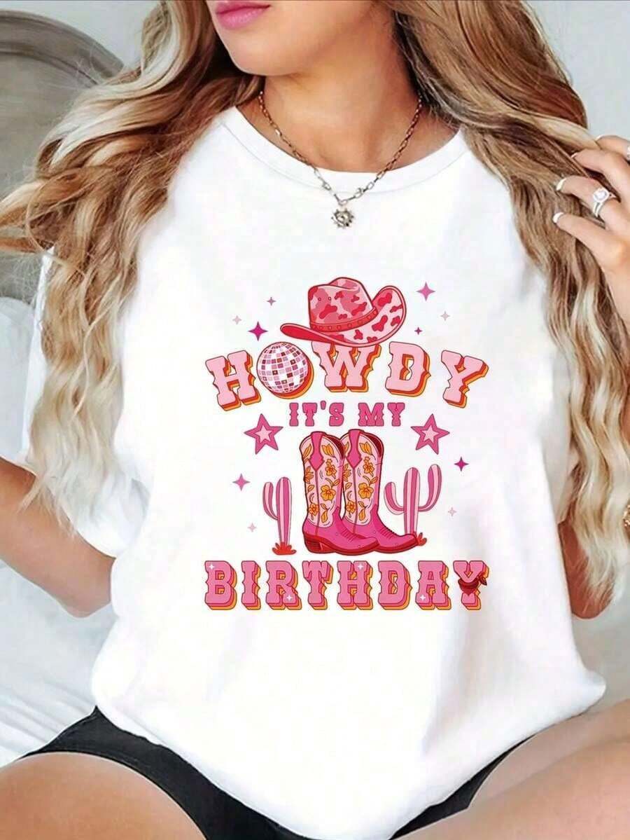 1 Pc Women's Graphic T-Shirt Western Style - HOWDY IT'S MY BIRTHDAY Design With Cowboy Boots And Cactus, With Pink And Red Details, Casual Short Sleeve Round Neck Top For Spring-Summer Outfits, Denim Shirt 180g 100% Cotton - 彩色 - 查看 1