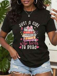Women's Blouses, 1 Piece, Women's T-Shirt With "I'm Just A Girl Who Loves To Read Books" Print, Bow And Flowers, Round Neck, Short Sleeve, Casual Style For Daily Wear, Gift, 220g/180g, 100% Cotton, Eurumuse - 白色的 - 查看 7