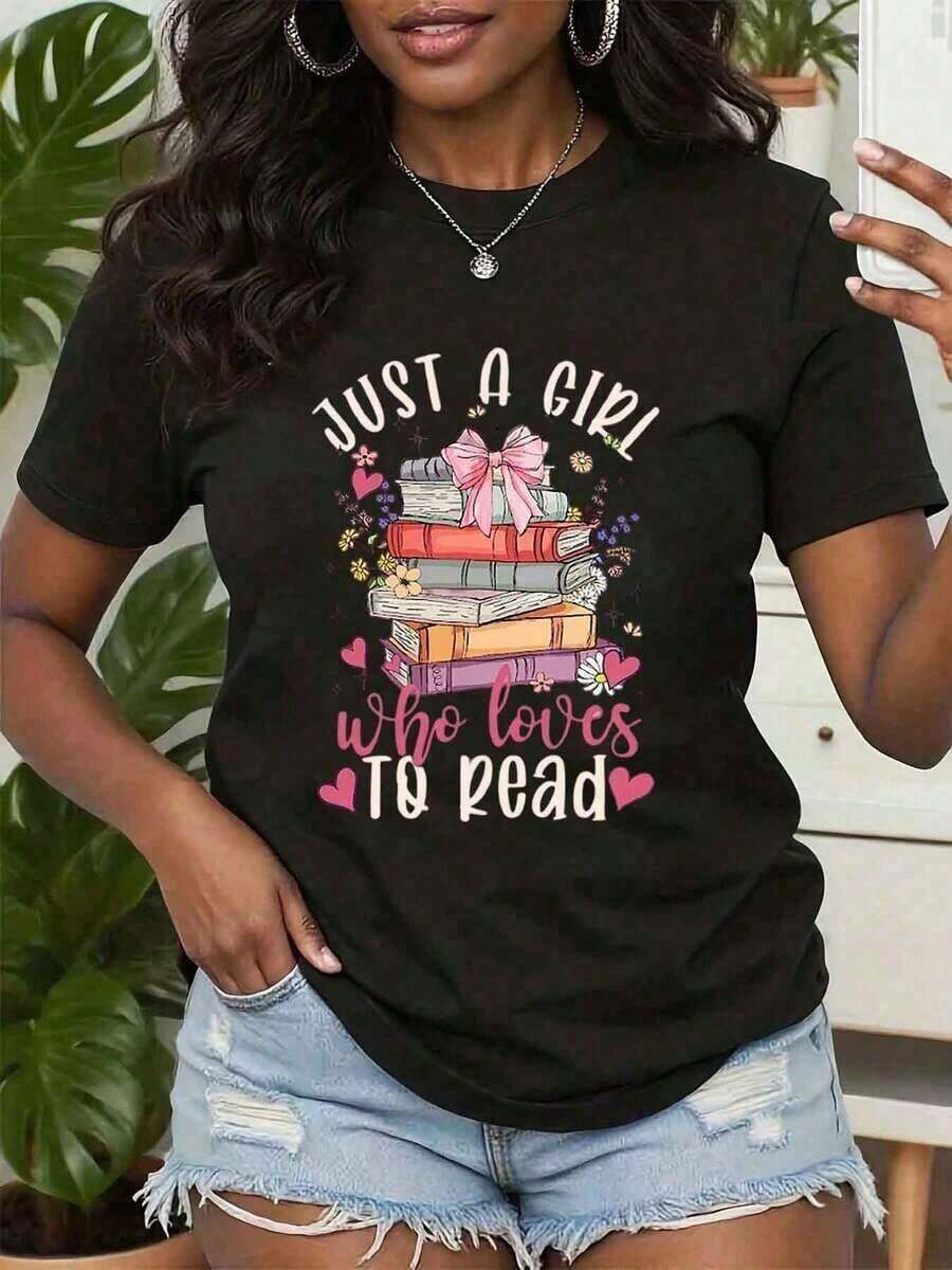 Women's Blouses, 1 Piece, Women's T-Shirt With "I'm Just A Girl Who Loves To Read Books" Print, Bow And Flowers, Round Neck, Short Sleeve, Casual Style For Daily Wear, Gift, 220g/180g, 100% Cotton, Eurumuse - 黑色 - 查看 1