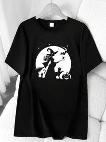 T-Shirt With A Halloween-Themed Print: Magic, Bat, Pumpkin, And Cat. Available In 6 Colors, Short Sleeves, Round Neck, High-Stretch Casual Sports Top. Machine Washable. Suitable For Spring And Summer. Can Be Worn Year-Round. Women's Clothing. Elegant Party Outfit, Stylish Ladies' T-Shirt, Blouses Suitable For Curvy Women, Casual Wear, Cool And Breathable Summer Wear, Fun Letter Print. - 黑色 - 查看 1