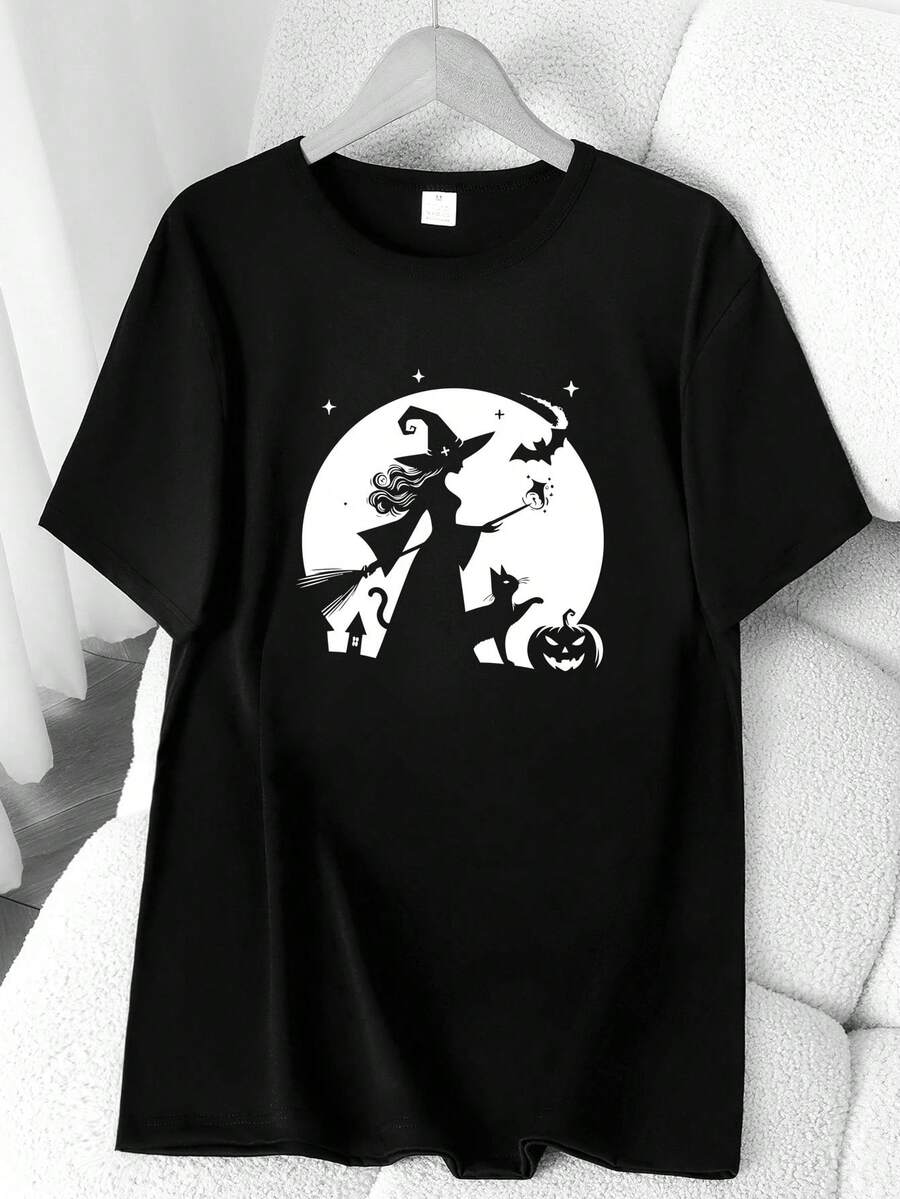 T-Shirt With A Halloween-Themed Print: Magic, Bat, Pumpkin, And Cat. Available In 6 Colors, Short Sleeves, Round Neck, High-Stretch Casual Sports Top. Machine Washable. Suitable For Spring And Summer. Can Be Worn Year-Round. Women's Clothing. Elegant Party Outfit, Stylish Ladies' T-Shirt, Blouses Suitable For Curvy Women, Casual Wear, Cool And Breathable Summer Wear, Fun Letter Print. - 黑色 - 查看 1