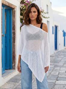 Blusa de Malla Negra para Mujer con Hombro Descubierto, Manga Murciélago y Holgada, Transparente para Uso Casual de Verano - Blanco - Ver 2