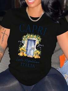Camiseta de Mujer Estilo Vacaciones Italianas - Estampado Capri con Diseño de Puerta de Limón - Camiseta Negra con Letras Azules - Top Casual Elegante con Temática de Viaje - Lavable a Máquina para Uso Diario, Atuendo de Verano, Estampado Brillante Estilo Cómodoblusas para mujer>ropa - Negro - Ver 7