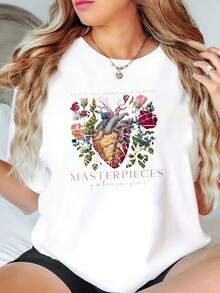 Conjunto de diseño gráfico anatómico en forma de corazón combinado con patrón floral, diseño estampado estilo diosa, ropa de mujer talla grande de manga corta blanca, adecu para todas las estaciones, camiseta de manga corta, atuendo casual - Blanco - Ver 2