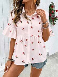 Nueva Camisa de Verano para Mujer con Cuello Blanco Fresco, Estampado de Flores de Cerezo, Mangas Plisadas y Acampanadas, Corte Holgado y Elegante, Blusa Casual Ideal para Viajes de Trabajo, Vacaciones y Ocio. - Rosa - Ver 6