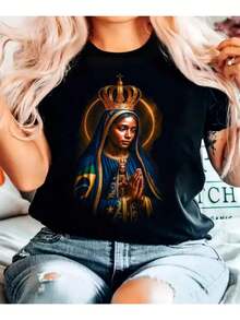 Women's Printed Crew Neck T-Shirt 2026, Casual Short Sleeve T-Shirt For Spring And Summer, Crowned  Print With Brazilian Elements, Versatile, Machine Washable, Comfortable, Suitable For Daily, Casual And Sports Wear, Fashionable Crew Neck T-Shirt - 黑色 - 查看 1