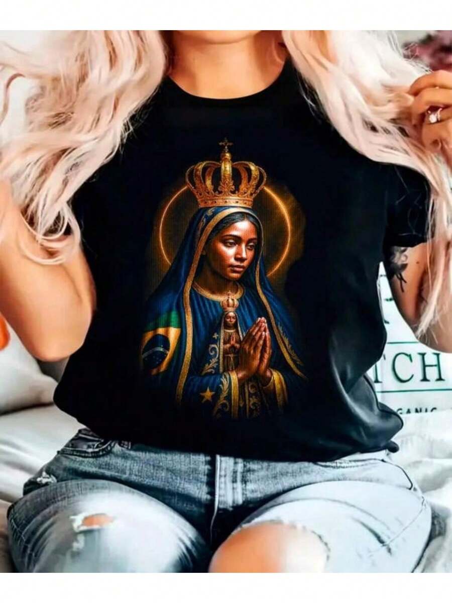 Women's Printed Crew Neck T-Shirt 2026, Casual Short Sleeve T-Shirt For Spring And Summer, Crowned Print With Brazilian Elements, Versatile, Machine Washable, Comfortable, Suitable For Daily, Casual And Sports Wear, Fashionable Crew Neck T-Shirt - 黑色 - 查看 1